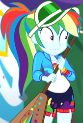 Size: 619x915 | Tagged: safe, screencap, rainbow dash, equestria girls, equestria girls specials, g4, my little pony equestria girls: better together, my little pony equestria girls: sunset's backstage pass, cap, clothes, cropped, female, guitar, hat, jacket, musical instrument, outdoors, paddle, ponytail, rainbow dash's paddle, shorts, shrunken pupils, solo