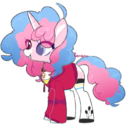 Size: 2415x2372 | Tagged: safe, artist:amelia007layt, oc, oc only, oc:bubble balloon, pony, unicorn, ice angel's moonlight au, choker, clothes, female, grin, heterochromia, high res, hoodie, mare, markings, offspring, parent:party favor, parent:pinkie pie, parents:partypie, shirt, simple background, smiling, socks, solo, t-shirt, transparent background, unshorn fetlocks