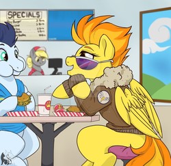 Size: 1024x997 | Tagged: safe, artist:therealakineko, derpy hooves, soarin', spitfire, pegasus, pony, g4, bomber jacket, burger, chubby cheeks, clothes, deviantart watermark, drink, eating, female, food, hay burger, jacket, male, mare, obtrusive watermark, stallion, straw, sunglasses, watermark