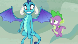 Size: 1920x1080 | Tagged: safe, screencap, princess ember, spike, dragon, g4, sweet and smoky, angry, dragoness, duo, female, flying, male, spread wings, winged spike, wings