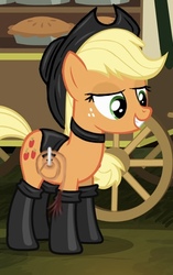 Size: 294x468 | Tagged: safe, artist:xormak, edit, edited screencap, screencap, applejack, earth pony, pony, g4, season 4, somepony to watch over me, bdsm, bedroom eyes, boots, choker, cropped, dominatrix, female, femdom, fireproof boots, food, grin, kinky, leather, leather clothes, lidded eyes, mare, pie, shoes, smiling, solo, stupid sexy applejack, wagon, whip