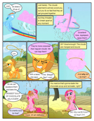 Size: 612x792 | Tagged: safe, artist:newbiespud, edit, edited screencap, screencap, applejack, pinkie pie, rainbow dash, earth pony, pegasus, pony, comic:friendship is dragons, g4, the return of harmony, ..., angry, chocolate, chocolate milk, cloud, comic, cotton candy, dialogue, eating, eyes closed, female, flying, freckles, glare, gritted teeth, hat, implied rarity, implied twilight sparkle, lasso, licking, licking lips, looking up, mare, messy eating, messy mane, milk, motion blur, mouth hold, open mouth, puffy cheeks, rope, screencap comic, tongue out, wet mane