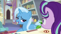 Size: 1920x1080 | Tagged: safe, screencap, phyllis, starlight glimmer, trixie, pony, unicorn, a horse shoe-in, g4, eyes closed, female, happy, mare, starlight's office