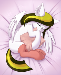 Size: 1368x1692 | Tagged: safe, artist:kyrgyzpopstar, oc, oc only, pegasus, pony, bed, clothes, cute, ear fluff, female, pillow, sleeping, socks, solo