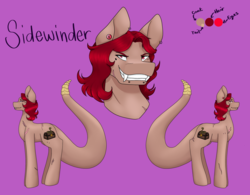 Size: 2522x1963 | Tagged: safe, artist:snows-undercover, oc, oc only, oc:sidewinder, original species, pony, snake pony, beauty mark, ear piercing, earring, fangs, female, jewelry, mare, piercing, purple background, reference sheet, scar, simple background, snake bites, snake tail, solo