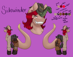 Size: 2522x1963 | Tagged: safe, alternate version, artist:snows-undercover, oc, oc only, oc:sidewinder, oc:slithers, original species, pony, snake, snake pony, bag, bandage, beauty mark, boots, clothes, dagger, ear piercing, earring, fangs, fedora, female, gloves, hat, jeans, jewelry, knife, mare, pants, piercing, purple background, reference sheet, scar, shirt, shoes, simple background, snake bites, snake tail, solo, sweater, weapon, whip