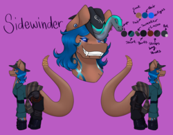 Size: 2522x1963 | Tagged: safe, alternate version, artist:snows-undercover, oc, oc only, oc:sidewinder, oc:slithers, original species, pony, snake, snake pony, bandage, beauty mark, black sclera, boots, clothes, colored sclera, dagger, ear piercing, earring, fangs, fedora, female, gloves, glowing eyes, hat, jeans, jewelry, knife, mare, pants, piercing, purple background, reference sheet, scar, shirt, shoes, simple background, snake bites, snake tail, solo, sweater, tattoo, weapon, whip