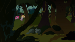 Size: 2100x1181 | Tagged: safe, screencap, applejack, pinkie pie, spike, dragon, pony, feeling pinkie keen, g4, everfree forest, female, forest, male, mare, peering, tree, trio