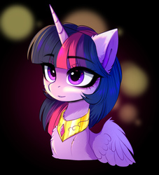 Size: 2556x2820 | Tagged: safe, artist:empress-twilight, twilight sparkle, alicorn, pony, bust, cheek fluff, chest fluff, collar, cute, ear fluff, eye clipping through hair, female, high res, i can't believe it's not magnaluna, jewelry, mare, neck fluff, necklace, solo, style emulation, twiabetes, twilight sparkle (alicorn), wing fluff