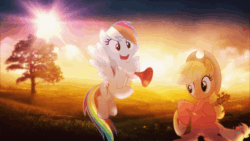 Size: 640x360 | Tagged: safe, applejack, rainbow dash, earth pony, pegasus, pony, g4, animated, duo, duo female, female, flying, gif, happy, hat, horn, lesbian, loop, mare, open mouth, open smile, pmv, pmv collab, ship:appledash, shipping, sitting, smiling, spread wings, sun, sunset, tree, wings, youtube link