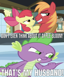 Size: 641x775 | Tagged: safe, edit, edited screencap, editor:undeadponysoldier, screencap, apple bloom, big macintosh, spike, dragon, earth pony, pony, g4, bedroom eyes, caption, don't even think about it, female, filly, gay, image macro, implied macbloom, implied shipping, implied straight, male, meme, ship:spikentosh, shipping, smug, stallion, text, wrong aspect ratio