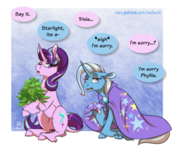 Size: 1382x1200 | Tagged: safe, artist:inuhoshi-to-darkpen, phyllis, starlight glimmer, trixie, pony, unicorn, a horse shoe-in, g4, apology, cape, clothes, duo, duo female, ear fluff, female, floppy ears, flower, looking away, mare, one eye closed, open mouth, phyllis no!, sitting, trixie is not amused, trixie's cape, unamused, unshorn fetlocks