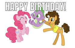 Size: 750x481 | Tagged: artist needed, safe, artist:kyrospawn, artist:php11, edit, editor:undeadponysoldier, cheese sandwich, pinkie pie, spike, dragon, earth pony, pony, g4, birthday, caption, cute, diapinkes, female, happy, happy birthday, image macro, male, mare, simple background, spike's birthday, spikelove, stallion, text, white background