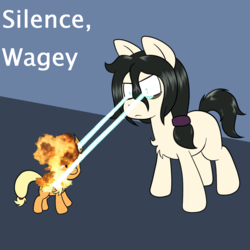Size: 1000x1000 | Tagged: safe, artist:scraggleman, applejack, oc, oc:floor bored, earth pony, pony, g4, chest fluff, explosion, eye beams, female, glowing eyes, laser, mare, ponified meme, simple background, size difference, smol, text, wagie