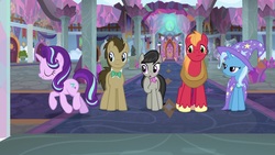 Size: 1920x1080 | Tagged: safe, screencap, big macintosh, doctor whooves, octavia melody, starlight glimmer, time turner, trixie, earth pony, pony, unicorn, a horse shoe-in, g4, cape, clothes, female, hat, male, mare, stallion, trixie's cape, trixie's hat