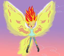 Size: 950x841 | Tagged: safe, artist:gamzyjam, sunset shimmer, equestria girls, g4, my past is not today, cute, eyes closed, female, fiery wings, open mouth, scene interpretation, shimmerbetes, solo, sunset phoenix, wings