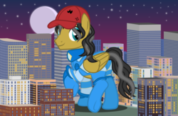 Size: 3687x2419 | Tagged: safe, artist:silly-yellow-pone, oc, oc only, oc:small block, oc:ultramare, pegasus, pony, bodysuit, city, giant pony, hat, high res, looking back, macro, ultrabutt, vector