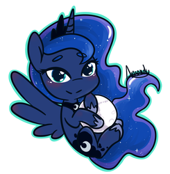 Size: 990x1012 | Tagged: safe, artist:lilliesinthegarden, princess luna, alicorn, pony, g4, beanbrows, blushing, chibi, crown, cute, ethereal mane, eyebrows, eyebrows visible through hair, female, heart eyes, jewelry, lunabetes, mare, mare in the moon, moon, regalia, simple background, solo, starry mane, tangible heavenly object, white background, wingding eyes