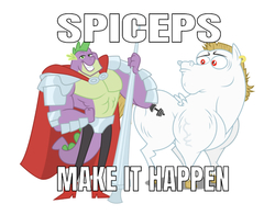 Size: 750x588 | Tagged: safe, artist:multiversecafe, editor:undeadponysoldier, bulk biceps, spike, dragon, g4, abs, armor, beefspike, exploitable meme, gay, lance, make it happen, male, meme, muscles, older, older spike, shipping, spiceps, stallion, strong, weapon