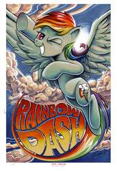 Size: 2600x3800 | Tagged: safe, artist:andy price, idw, rainbow dash, pegasus, pony, g4, female, flying, high res, mare, name, one eye closed, solo, sun, wink