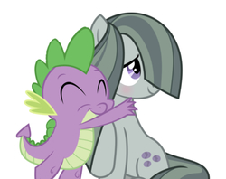 Size: 750x593 | Tagged: safe, artist:thefrostspark, edit, editor:undeadponysoldier, marble pie, spike, dragon, earth pony, pony, g4, hearthbreakers, blushing, cute, daaaaaaaaaaaw, female, hair over one eye, hug, male, marblebetes, mare, ship:marblespike, shipping, simple background, sitting, smiling, straight, white background