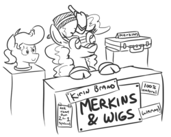 Size: 744x596 | Tagged: safe, artist:jargon scott, kirin, black and white, cloven hooves, female, grayscale, hat, lineart, merkin, monochrome, quadrupedal, saleskirin, salespony, simple background, solo, vendor stall, white background, wig