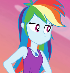 Size: 1039x1080 | Tagged: safe, screencap, rainbow dash, equestria girls, equestria girls series, g4, wake up!, spoiler:choose your own ending (season 2), spoiler:eqg series (season 2), clothes, cropped, cute, dashabetes, female, geode of super speed, magical geodes, sexy, sleeveless, smiling, smirk, solo, tank top, wake up!: rainbow dash