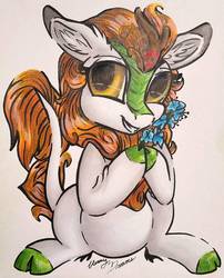 Size: 803x995 | Tagged: safe, artist:gleamydreams, autumn blaze, kirin, g4, sounds of silence, cloven hooves, ear fluff, female, flower, foal's breath, golden eyes, looking at you, mare, orange hair, simple background, smiling, solo, traditional art, white background