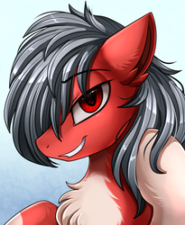 Size: 1446x1764 | Tagged: safe, artist:pridark, oc, oc only, oc:night strider, pony, bust, chest fluff, coat markings, looking at you, pale belly, portrait, raffle winner, red eyes, smiling, socks (coat markings), solo
