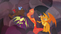 Size: 1920x1080 | Tagged: safe, screencap, billy, clump, spear (g4), dragon, g4, sweet and smoky, lava, male, rock, teenaged dragon, trio