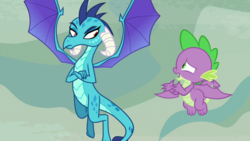Size: 1920x1080 | Tagged: safe, screencap, princess ember, spike, dragon, g4, sweet and smoky, crossed arms, dragoness, duo, female, flying, male, spread wings, winged spike, wings