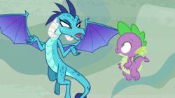 Size: 1920x1080 | Tagged: safe, screencap, princess ember, spike, dragon, g4, sweet and smoky, dragoness, duo, female, flying, male, narrowed eyes, spread arms, spread wings, wings
