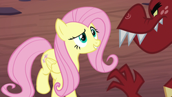 Size: 1280x720 | Tagged: safe, screencap, fluttershy, garble, dragon, pegasus, pony, g4, sweet and smoky, female, mare, solo focus