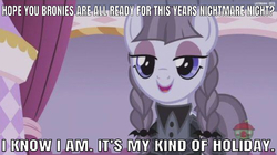 Size: 639x358 | Tagged: safe, edit, edited screencap, editor:undeadponysoldier, screencap, inky rose, pony, g4, honest apple, 2019, caption, clothes, cute, cute smile, dress, female, goth, halloween, holiday, image macro, inkybetes, looking at you, mare, meme, nightmare night, op is too early, pigtails, smiling, solo, talking to viewer, text, when she smiles