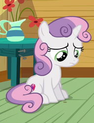 Size: 350x458 | Tagged: safe, screencap, sweetie belle, pony, unicorn, g4, the fault in our cutie marks, clubhouse, cropped, crusaders clubhouse, female, filly, sad, solo