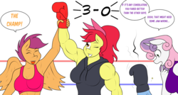 Size: 1280x687 | Tagged: safe, artist:matchstickman, apple bloom, scootaloo, sweetie belle, oc, oc:calm wind, earth pony, pegasus, unicorn, anthro, matchstickman's apple brawn series, tumblr:where the apple blossoms, g4, anthro oc, apple brawn, armpits, biceps, boxing gloves, boxing ring, breasts, busty apple bloom, busty scootaloo, busty sweetie belle, clothes, comic, cutie mark crusaders, deltoids, dialogue, female, injured, male, mare, muscles, muscular female, older, older apple bloom, older scootaloo, older sweetie belle, simple background, single panel, stallion, tumblr comic, white background