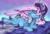 Size: 1107x750 | Tagged: safe, alternate version, artist:breloomsgarden, starlight glimmer, trixie, alicorn, pony, unicorn, g4, alicornified, bed, cloud, couple, cuddling, duo, duo female, female, heart, heart eyes, horn, lesbian, mare, princess starlight glimmer, race swap, ship:startrix, shipping, snuggling, starlicorn, stars, wingding eyes, wings