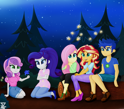 Size: 2000x1760 | Tagged: safe, artist:theretroart88, part of a set, flash sentry, fluttershy, rarity, sunset shimmer, sweetie belle, equestria girls, g4, clothes, digital art, female, legs, log, part of a series, shorts, sitting, smiling, tree