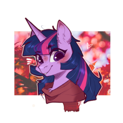 Size: 1024x1024 | Tagged: safe, artist:zakkurro, twilight sparkle, pony, abstract background, blushing, bust, chest fluff, clothes, cute, ear fluff, female, floating heart, heart, leaves, looking at you, mare, portrait, scarf, signature, smiling, solo, twiabetes
