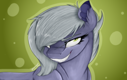 Size: 5000x3150 | Tagged: safe, artist:feathershine1, limestone pie, earth pony, pony, g4, abstract background, bust, female, green background, grin, hair over one eye, high res, lidded eyes, looking at you, portrait, simple background, smiling, solo