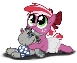 Size: 958x780 | Tagged: safe, artist:psponyartist, smarty pants, oc, oc only, oc:red june, pony, kilalaverse, g4, baby, baby pony, bow, cute, daaaaaaaaaaaw, diaper, drool, female, filly, foal, freckles, hair bow, ocbetes, offspring, parent:big macintosh, parent:cheerilee, parents:cheerimac, simple background, solo, white background