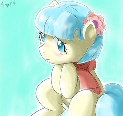 Size: 850x800 | Tagged: safe, artist:vinilyart, coco pommel, earth pony, pony, g4, blue background, blushing, clothes, female, flower, flower in hair, looking at you, mare, scarf, simple background, solo