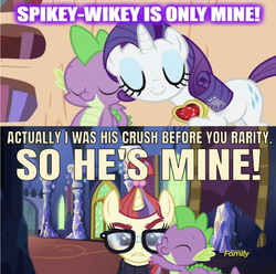 Size: 640x635 | Tagged: safe, artist:dashiesparkle edit, edit, edited screencap, editor:undeadponysoldier, screencap, moondancer, rarity, spike, pony, unicorn, g4, secret of my excess, cute, discovery family logo, female, fire ruby, gem, glasses, golden oaks library, hug, male, mare, moondancer is not amused, op has a point, op is a duck, op is trying to start shit, ruby, ship:sparity, ship:spikedancer, shipping, shipping war, straight, unamused