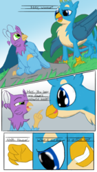 Size: 1080x1920 | Tagged: safe, artist:mrleft, gallus, oc, oc:gyro feather, oc:gyro tech, griffon, g4, comic, dialogue, griffonized, imminent vore, male, species swap