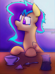 Size: 2160x2880 | Tagged: safe, artist:quicktimepony, oc, oc only, oc:soloist song, pegasus, pony, coffee, coffee mug, colorful, crying, food, high res, hooves, mane, mug, neon colors, night, remake, sad, signature, solo, spoon, sugar (food), table, window, wings