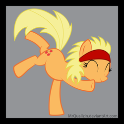 Size: 1733x1733 | Tagged: safe, artist:mrquallzin, applejack, earth pony, pony, g4, alternate hairstyle, cute, dancing, eyes closed, female, gray background, headband, jackabetes, mare, missing freckles, no nose, simple background, smiling, solo, standing, standing on one leg, watermark