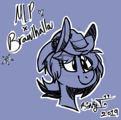 Size: 1019x1006 | Tagged: safe, artist:binkyt11, earth pony, pony, blue background, brawlhalla, bust, cassidy (brawlhalla), crossover, female, hat, mare, marshal, monochrome, ponified, simple background, solo