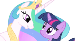 Size: 641x350 | Tagged: safe, artist:winxflorabloomroxy, princess celestia, twilight sparkle, alicorn, pony, unicorn, g4, crown, duo, duo female, eye contact, female, jewelry, looking at each other, mare, regalia, simple background, smiling, transparent background, unicorn twilight, vector