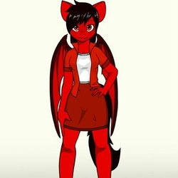 Size: 360x360 | Tagged: artist needed, safe, oc, oc only, oc:ray dasher, bat pony, anthro, clothes, fangs, female, legs, looking at you, mare, miniskirt, shirt, simple background, skirt, smiling, solo, white background