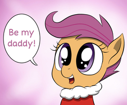 Size: 1890x1565 | Tagged: safe, artist:doublewbrothers, edit, scootaloo, pony, g4, clothes, cropped, female, solo, speech bubble, winter outfit